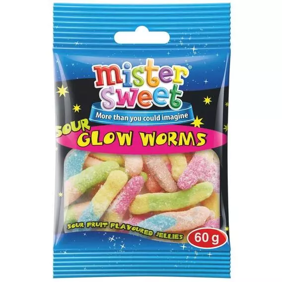 Mister Sweet Mini Sweets Packet Sour Glow Worms 60g Mister Sweet Mini Sweets Packet Sour Glow Worms 60g