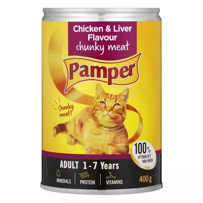 Pamper Chicken & Liver Flavour Chunky Meat Cat Food 400g Pamper Chicken & Liver Flavour Chunky Meat Cat Food 400g