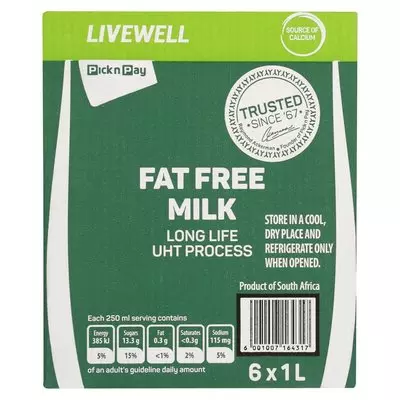 PnP Live Well UHT Fat Free Milk 6 x 1L PnP Live Well UHT Fat Free Milk 6 x 1L