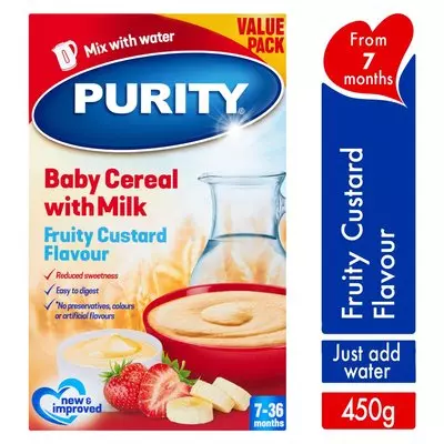 Purity Baby Cereal With Milk Fruity Custard 450g from 7 Months