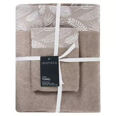 Inspired 3 Pack Embroidered Border Taupe Leaf Towel Set Inspired 3 Pack Embroidered Border Taupe Leaf Towel Set