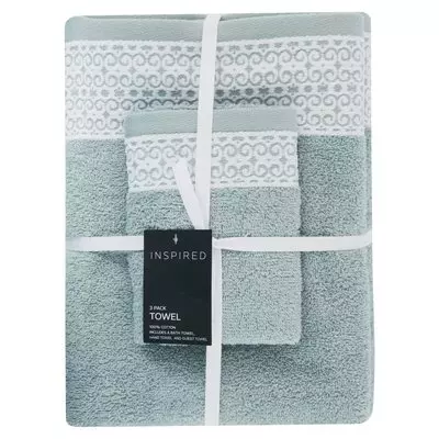 Inspired 3 Pack Embroidered Border Sage Towel Set Inspired 3 Pack Embroidered Border Sage Towel Set