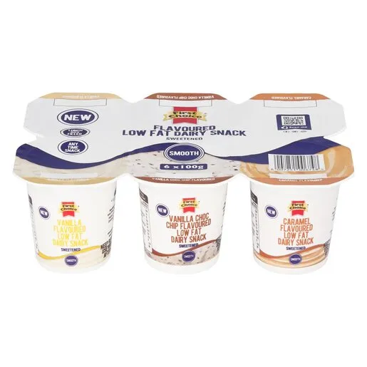 First Choice Low Fat Vanilla, Vanilla & Choc Chip & Caramel Flavoured Dairy Snack Yoghurt 6 x 100g First Choice Low Fat Vanilla, Vanilla & Choc Chip & Caramel Flavoured Dairy Snack Yoghurt 6 x 100g