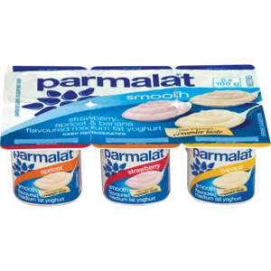 Parmalat Smooth Medium Fat Apricot/Strawberry/Banana Multipack Yoghurt 6x100g Parmalat Smooth Medium Fat Apricot/Strawberry/Banana Multipack Yoghurt 6x100g
