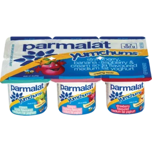 Parmalat Yumchums Smooth Medium Fat Cream Soda/Banana Raspberry/Strawberry Multipack Yoghurt 6x100g Parmalat Yumchums Smooth Medium Fat Cream Soda/Banana Raspberry/Strawberry Multipack Yoghurt 6x100g