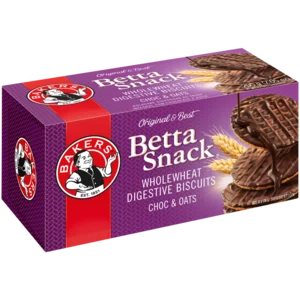 Bakers Betta Snack Chocolate & Oats Flavoured Wholewheat Digestive Biscuits 200g Bakers Betta Snack Chocolate & Oats Flavoured Wholewheat Digestive Biscuits 200g