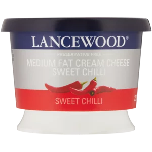 Lancewood Sweet Chilli Flavoured Medium Fat Cream Cheese Tub 230g Lancewood Sweet Chilli Flavoured Medium Fat Cream Cheese Tub 230g