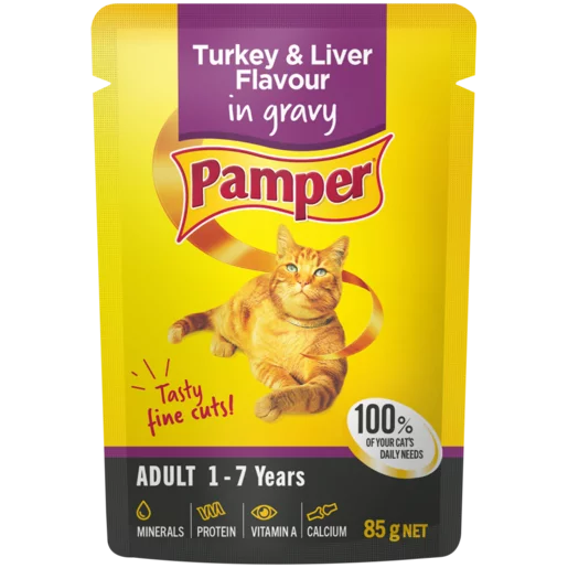 Pamper Turkey & Liver Flavoured Adult Cat Food In Gravy Pouch 85g Pamper Turkey & Liver Flavoured Adult Cat Food In Gravy Pouch 85g
