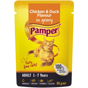 Pamper Chicken & Duck Flavoured Adult Cat Food In Gravy Pouch 85g