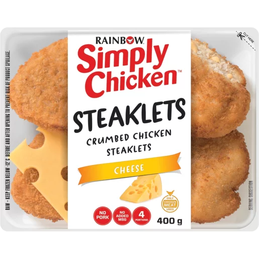 Rainbow Simply Chicken Frozen Crumbed Chicken Cheese Steaklets 400g