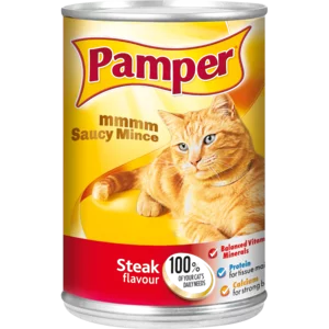 Pamper Saucy Mince Steak Flavoured Cat Food Can 385g Pamper Saucy Mince Steak Flavoured Cat Food Can 385g