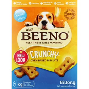 Beeno Small/Medium Biltong Flavoured Crunchy Dog Biscuits 1kg Beeno Small/Medium Biltong Flavoured Crunchy Dog Biscuits 1kg