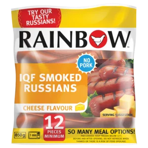 Rainbow Cheese Flavoured IQF Smoked Russians Pack 850g Rainbow Cheese Flavoured IQF Smoked Russians Pack 850g