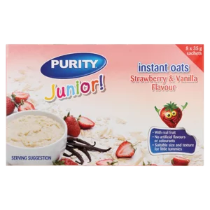 Purity Junior Strawberry & Vanilla Flavoured Instant Oats Sachets 8x35g Purity Junior Strawberry & Vanilla Flavoured Instant Oats Sachets 8x35g