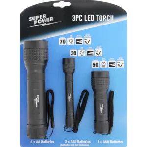 Super Power Voyager Black Plastic LED Torch Set 3 Piece
