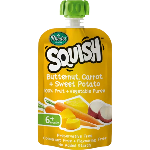 Rhodes Squish Butternut, Carrot + Sweet Potato 6 Month+ Pouch 110ml Rhodes Squish Butternut, Carrot + Sweet Potato 6 Month+ Pouch 110ml