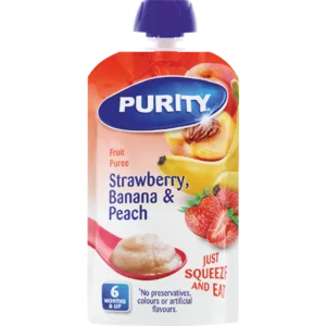 Purity Strawberry, Banana & Peach Fruit Puree Baby Pouch 110ml Purity Strawberry, Banana & Peach Fruit Puree Baby Pouch 110ml
