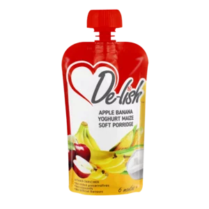 De-lish Apple Banana and Yoghurt Flavoured Maize Soft Porridge Pouch 110ml De-lish Apple Banana and Yoghurt Flavoured Maize Soft Porridge Pouch 110ml