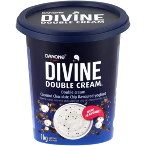 Danone Divine Double Cream Coconut Chocolate Chip Yoghurt Tub 1kg Danone Divine Double Cream Coconut Chocolate Chip Yoghurt Tub 1kg