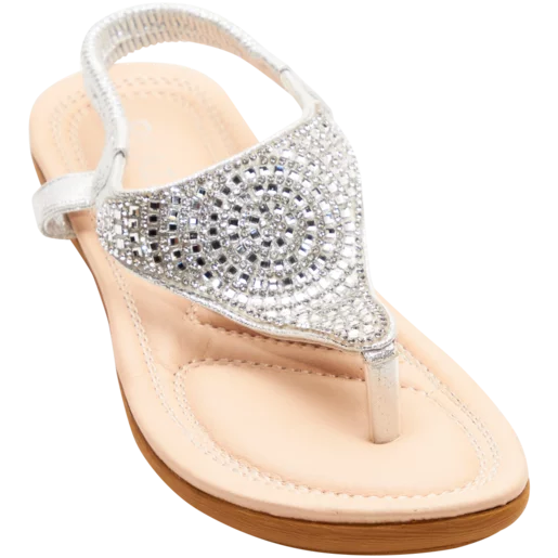 Ladies Silver Diamante Embellished Elastic Slingback Sandals Size 3-8 Ladies Silver Diamante Embellished Elastic Slingback Sandals Size 3-8