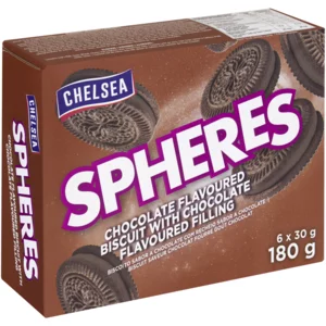 Chelsea Spheres Chocolate Flavoured Biscuit with Chocolate Flavoured Filling 6x30g Chelsea Spheres Chocolate Flavoured Biscuit with Chocolate Flavoured Filling 6x30g