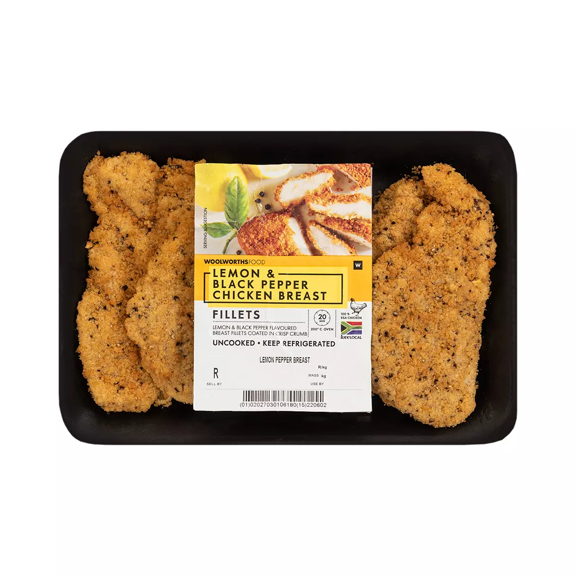 Lemon & Black Pepper Crumbed Chicken Breast Fillets Avg 500g Lemon & Black Pepper Crumbed Chicken Breast Fillets Avg 500g