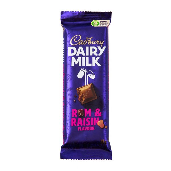 Cadbury Dairy Milk Rum & Raisin Flavoured Chocolate Bar 80g Cadbury Dairy Milk Rum & Raisin Flavoured Chocolate Bar 80g