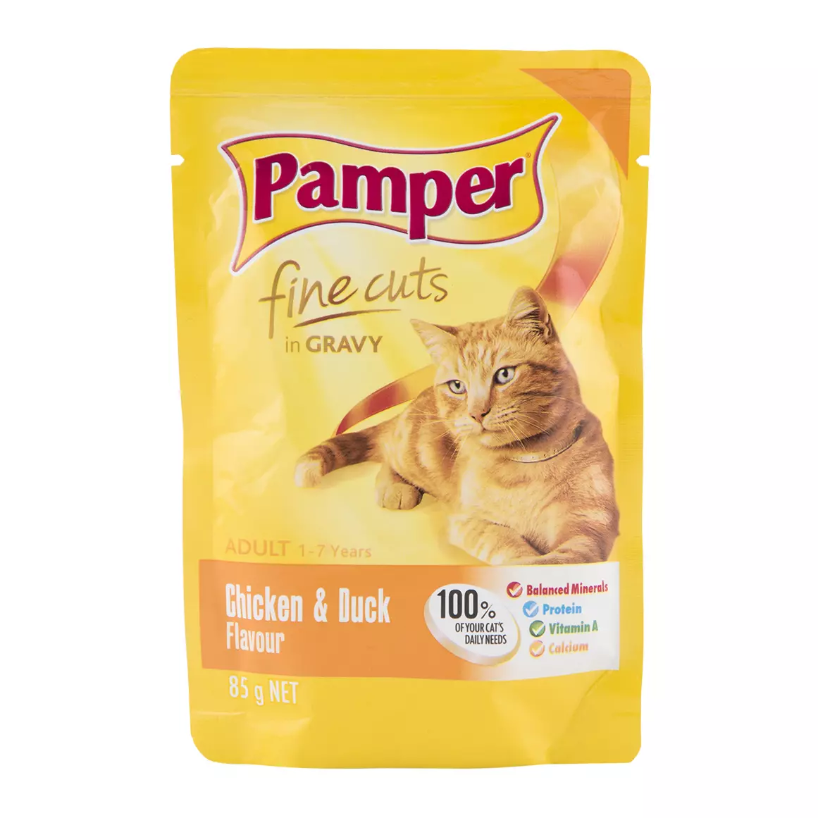 Pamper Chicken and Duck Flavoured Fine Cuts in Gravy Cat Food 85g Pamper Chicken and Duck Flavoured Fine Cuts in Gravy Cat Food 85g