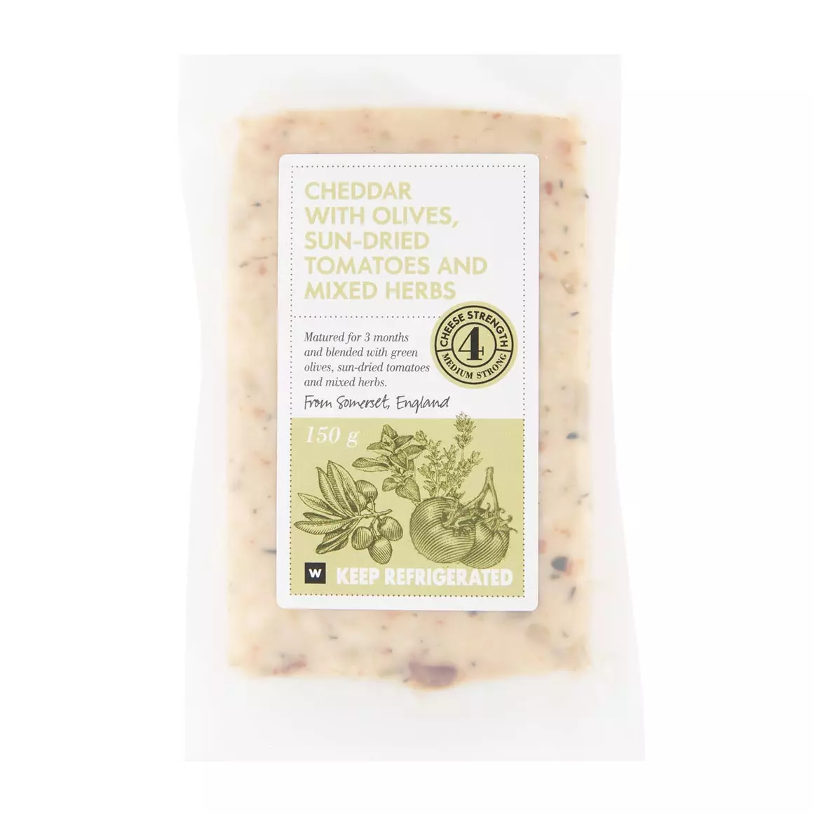 Cheddar with Olives, Sun-Dried Tomatoes & Mixed Herbs 150g Cheddar with Olives, Sun-Dried Tomatoes & Mixed Herbs 150g