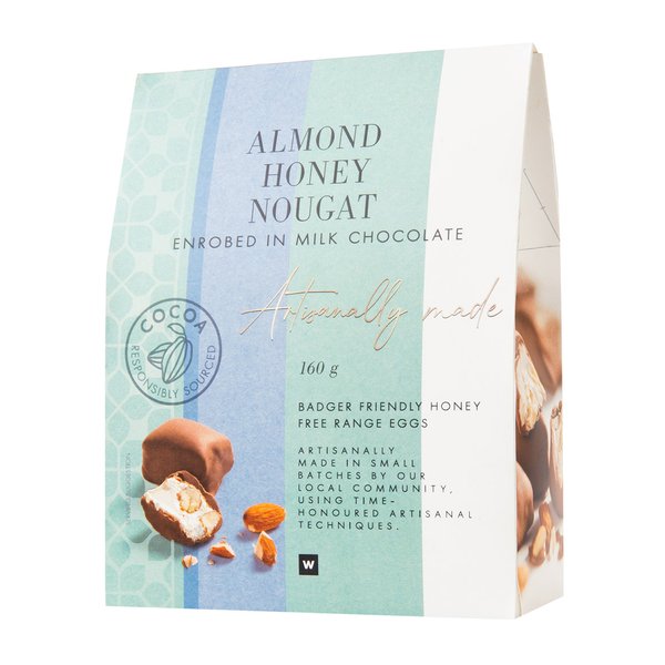 Artisanally Made Almond Honey Nougat In Milk Chocolate 160g Artisanally Made Almond Honey Nougat In Milk Chocolate 160g