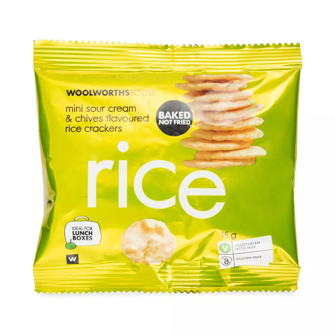 Mini Sour Cream and Chives Flavoured Rice Crackers 15g Mini Sour Cream and Chives Flavoured Rice Crackers 15g