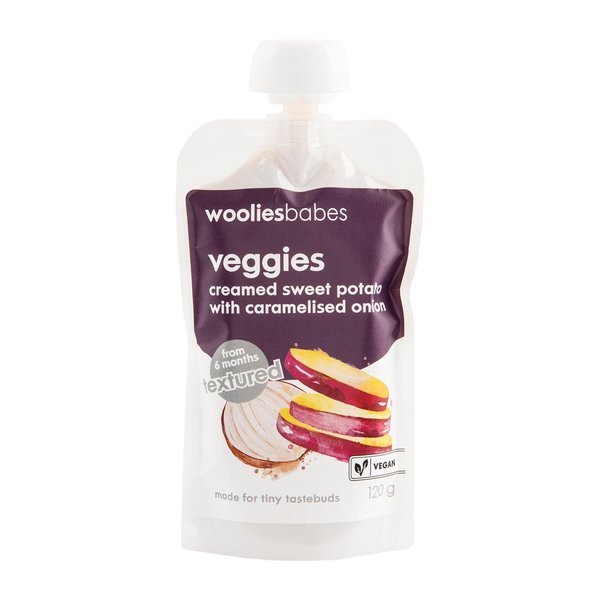 Wooliesbabes Textured Veggies Creamed Sweet Potato With Caramelised Onions 120g Wooliesbabes Textured Veggies Creamed Sweet Potato With Caramelised Onions 120g
