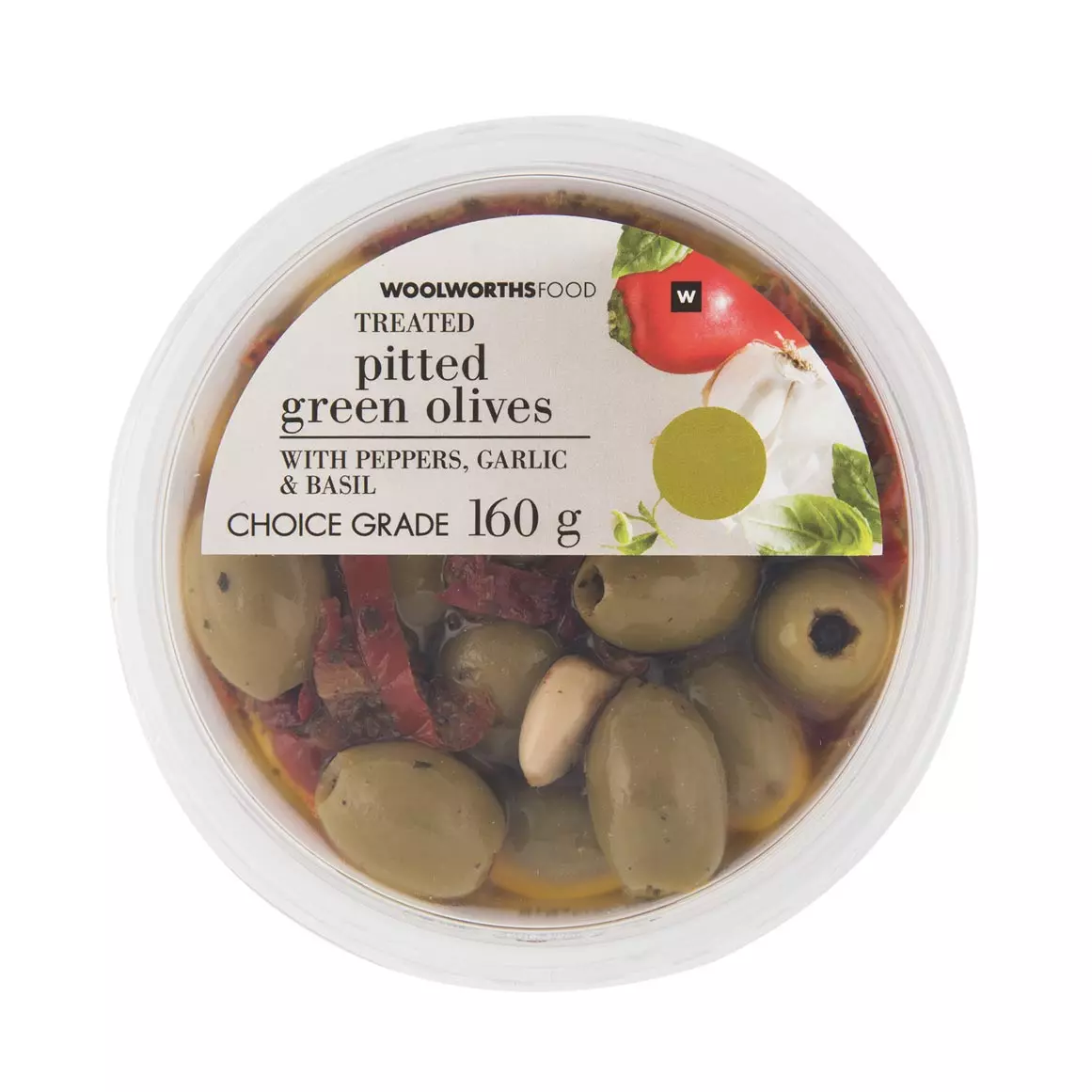 Pitted Green Olives with Peppers, Garlic and Basil 160g