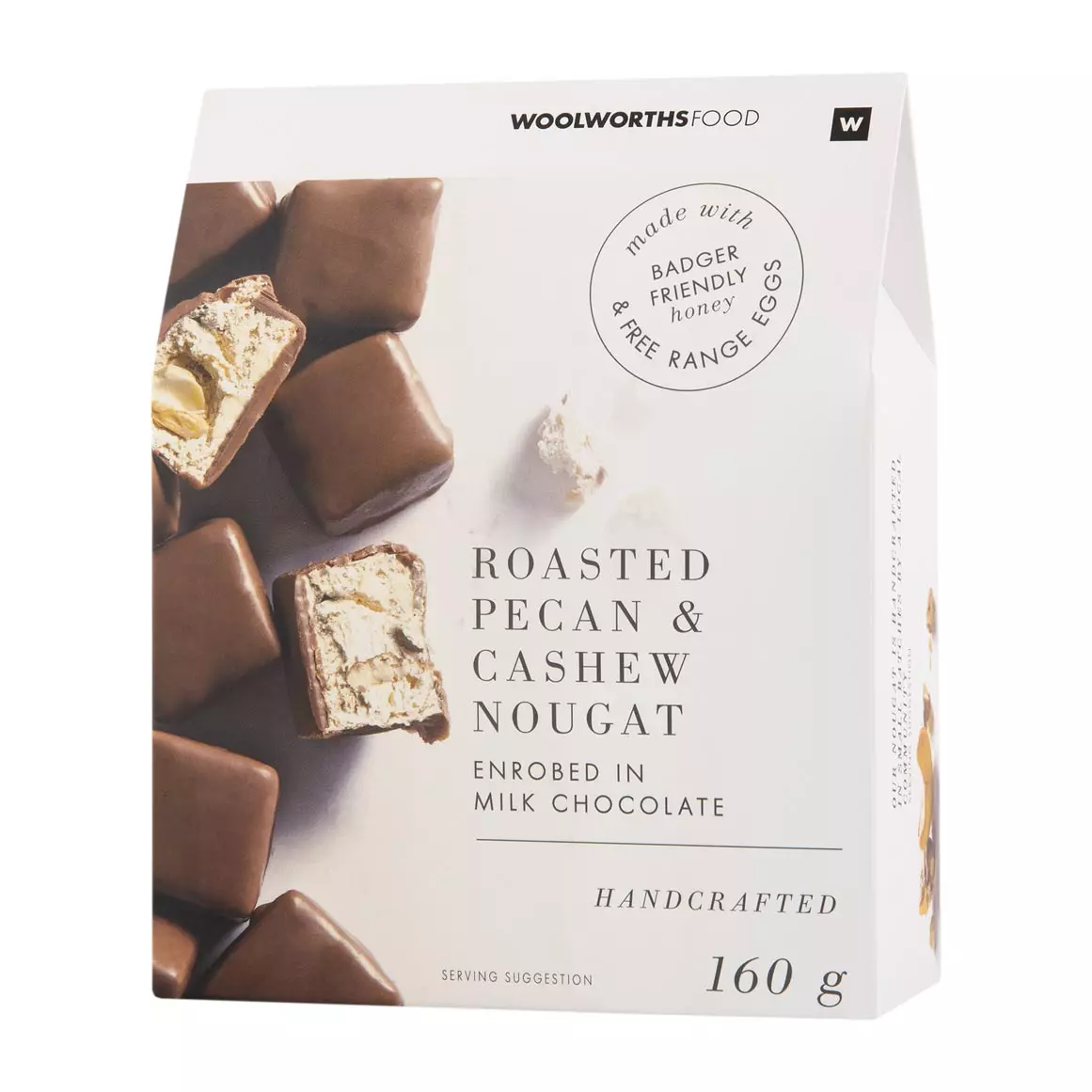 Handcrafted Roasted Pecan and Cashew Nougat in Milk Chocolate 160g Handcrafted Roasted Pecan and Cashew Nougat in Milk Chocolate 160g