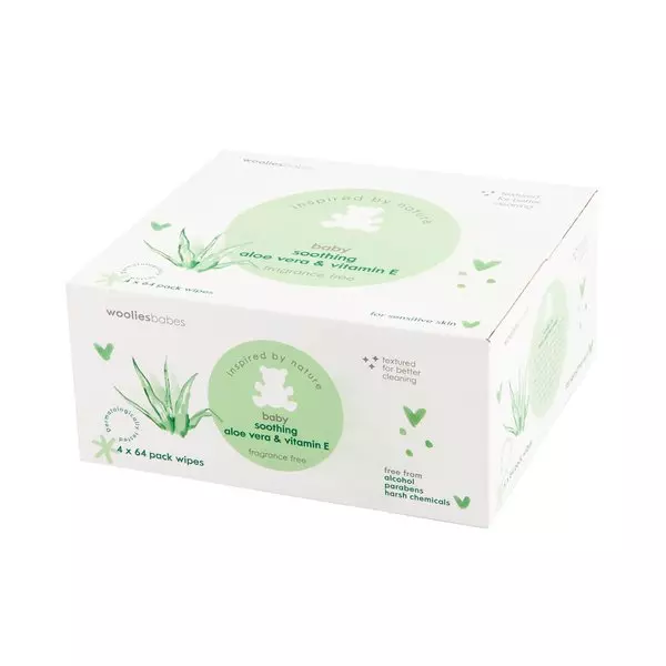 Wooliesbabes Wooliesbabes Aloe Vera and Vitamin E Fragrance Free Baby Wipes 4x64pk