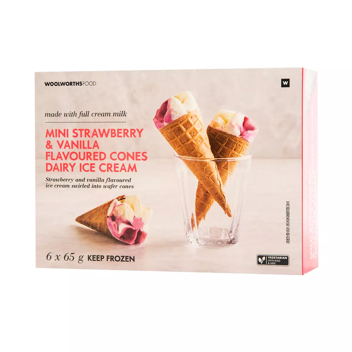 Mini Strawberry & Vanilla Flavoured Dairy Ice Cream Cones 6x65g Mini Strawberry & Vanilla Flavoured Dairy Ice Cream Cones 6x65g