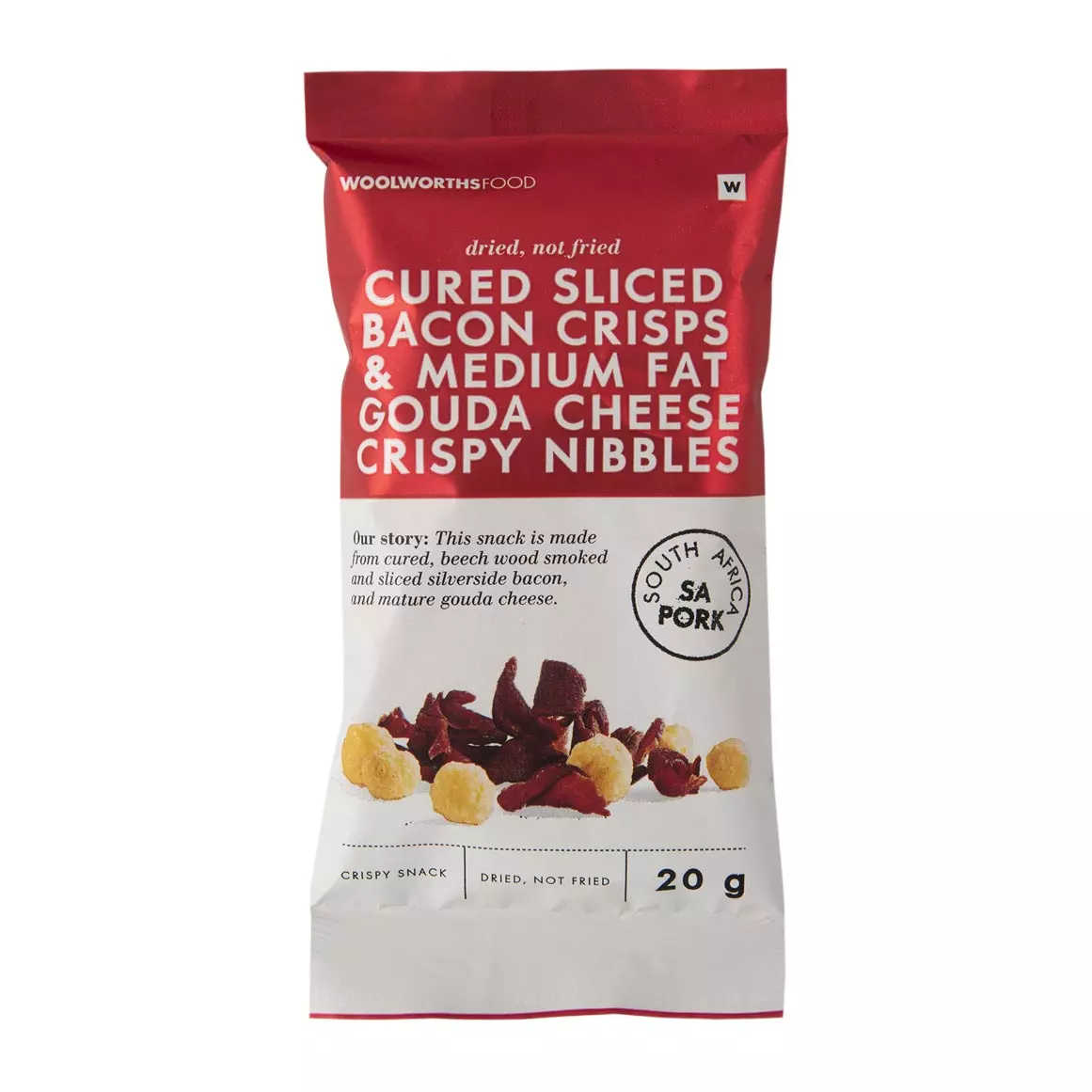 Cured Sliced Bacon Crisps and Crispy Gouda Cheese Nibbles 20g Cured Sliced Bacon Crisps and Crispy Gouda Cheese Nibbles 20g
