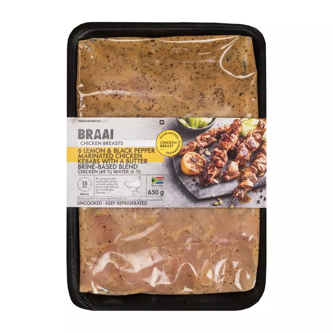 6 Lemon & Black Pepper Marinated Chicken Kebabs 650g 6 Lemon & Black Pepper Marinated Chicken Kebabs 650g