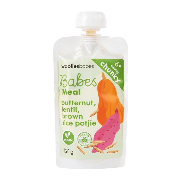 Wooliesbabes Chunky Butternut, Lentil and Brown Rice Potjie From 6 Months 20g Wooliesbabes Chunky Butternut, Lentil and Brown Rice Potjie From 6 Months 20g