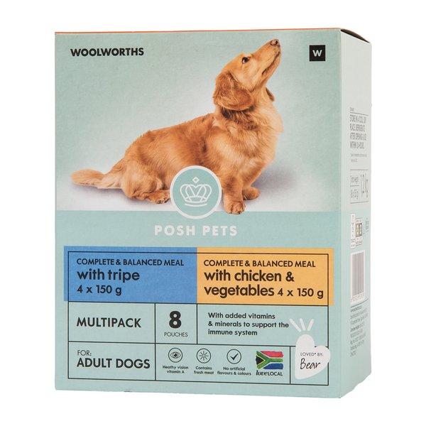 Posh Pets Complete and Balanced Meal Pouches with Chicken and Vegetables and Tripe 8x150g Posh Pets Complete and Balanced Meal Pouches with Chicken and Vegetables and Tripe 8x150g