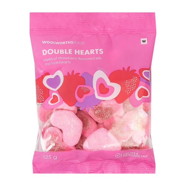 Double Hearts Strawberry Flavoured Layered Jelly and Foam Sweets 125g Double Hearts Strawberry Flavoured Layered Jelly and Foam Sweets 125g