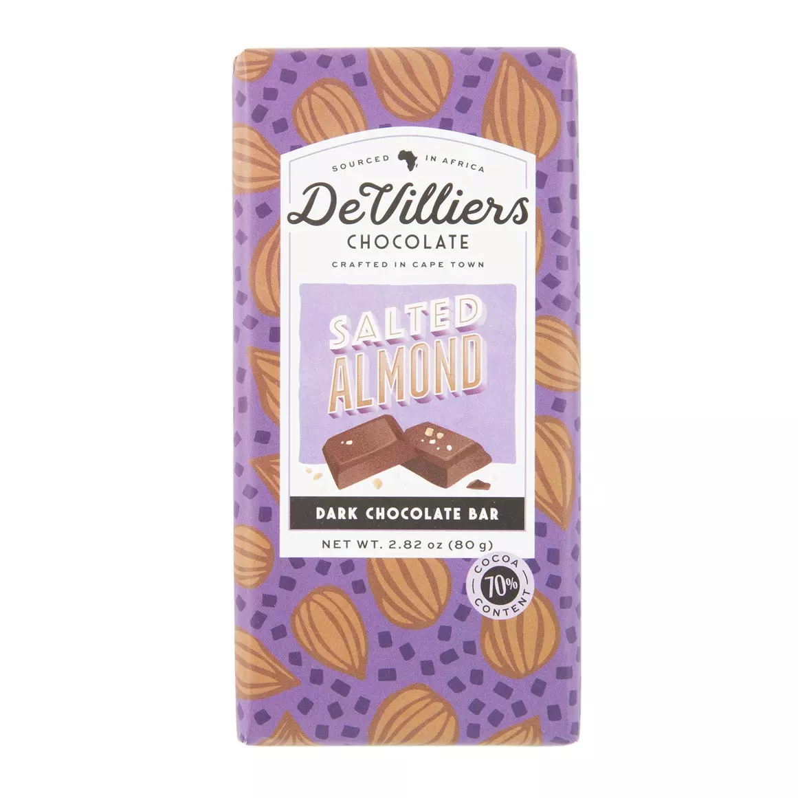 De Villiers Salted Almond 70% Dark Chocolate Bar 80g De Villiers Salted Almond 70% Dark Chocolate Bar 80g