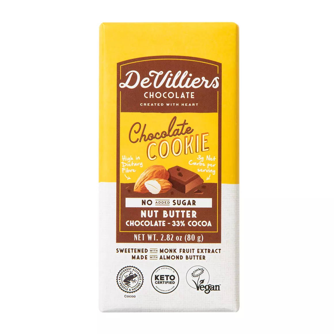 De Villiers Chocolate Cookie No Sugar Added Nut Butter Bar 80g