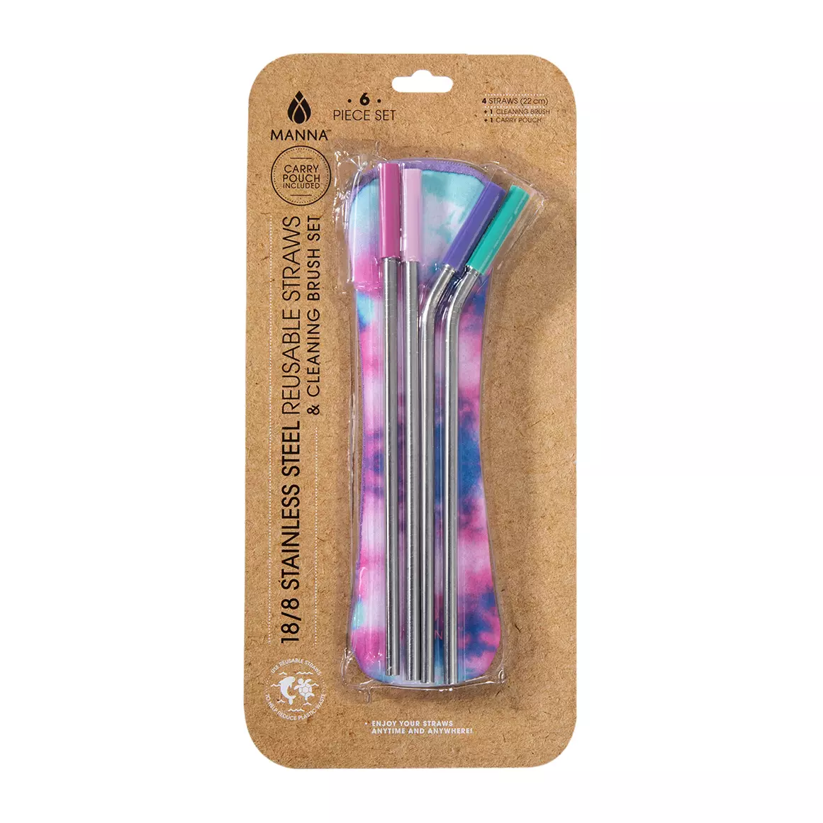 Manna Stainless Steel Multi-Coloured Reusable Straw Set 6 Pcs